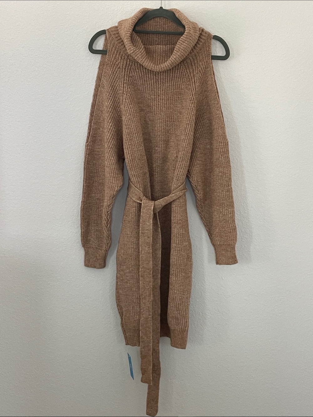 CUPSHE NWT Brown Cold Shoulder Cowl Neck Belted Sweater Dress M